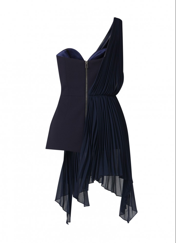 DARK BLUE CREPE BLEND AND PLEATED CHIFFON ONE SHOULDER TOP